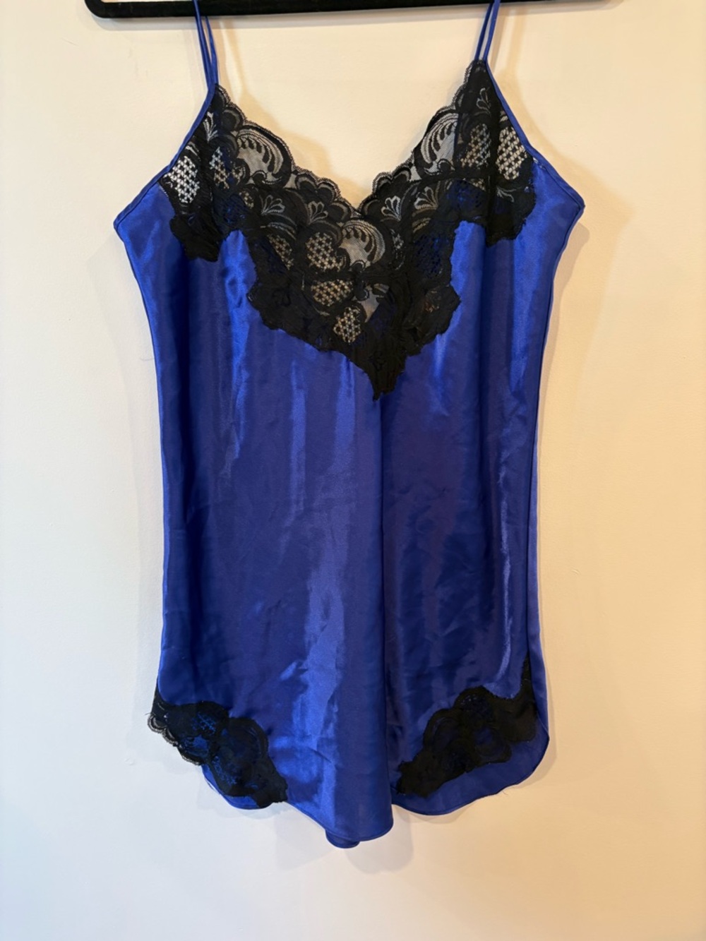Satin Royal Blue Slip Dress with Black Lace Trim - Women